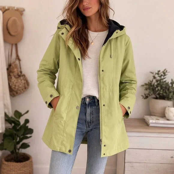 $180 London Fog Sage Green Hooded Utility Rain Jacket Size 12 - Picture 1 of 9